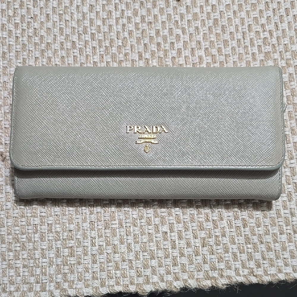 Prada Gray Wallet with Textured Leather and Fold-Over Design